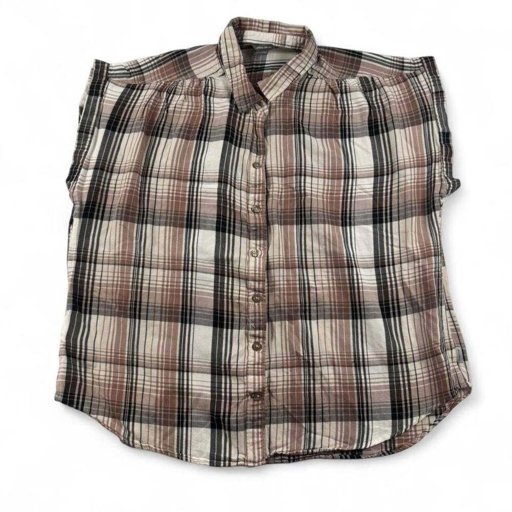 Eddie Bauer Women’s Brown Plaid Sleeveless Button-Up Shirt | Size Medium